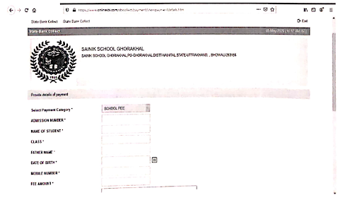 Student Details Category section step to pay Sainik School Fess through SBI Payment Gateway 